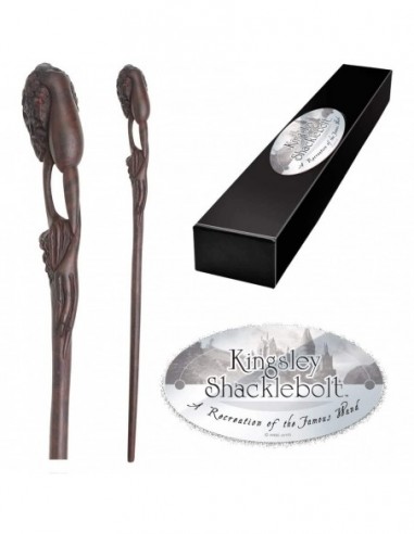 REPLICA THE NOBLE COLLECTION HARRY POTTER KINGSLEY SHAKLEBOLT VARITA CON CAJA Y PLACA DE IDENTIFICACION
